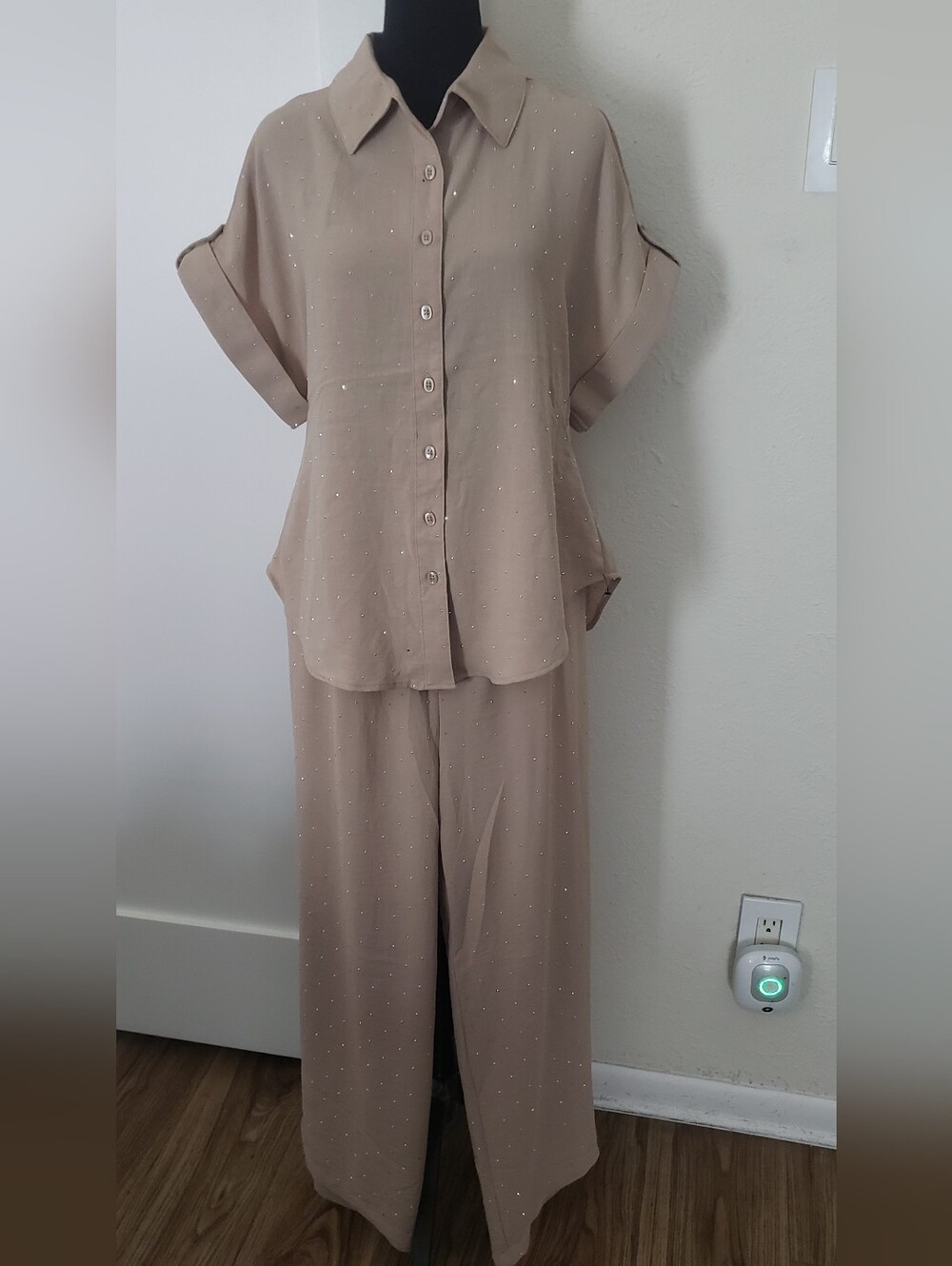 Beige Sparkle Wide-Leg Pant Set